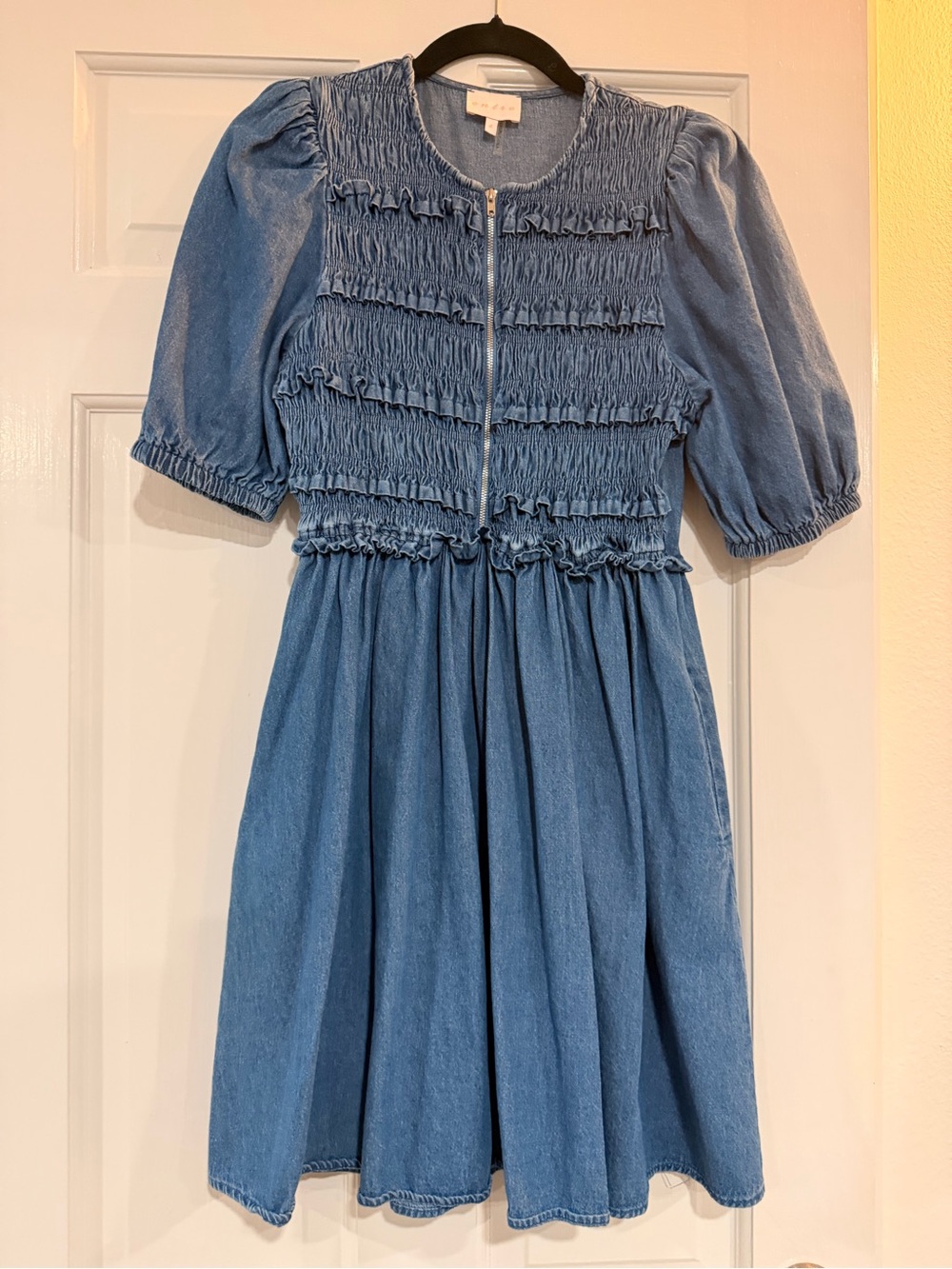Blue Denim Smocked Dress with Puff Sleeves